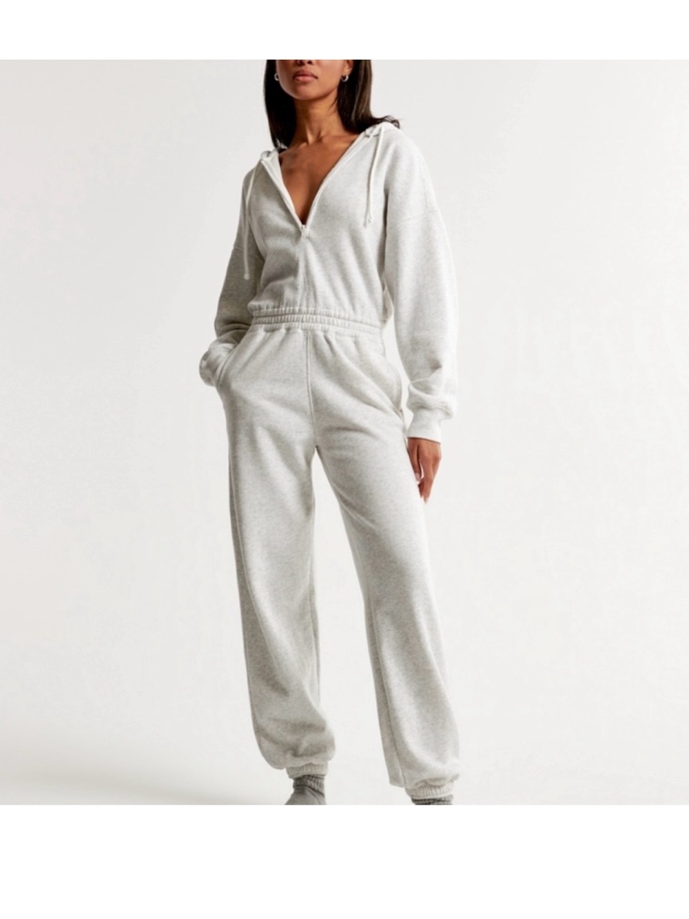 Abercrombie Fitch Lounge Relaxed Jumpsuit Size Small Tall Gray Hoodie Half Zip